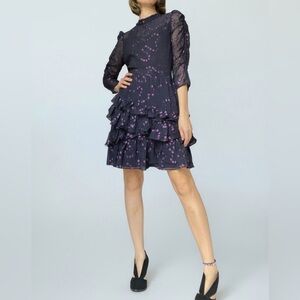 Rebecca Taylor Navy Lavender Ruffle Dress Silk Chiffon Polkadot Holiday Party 4